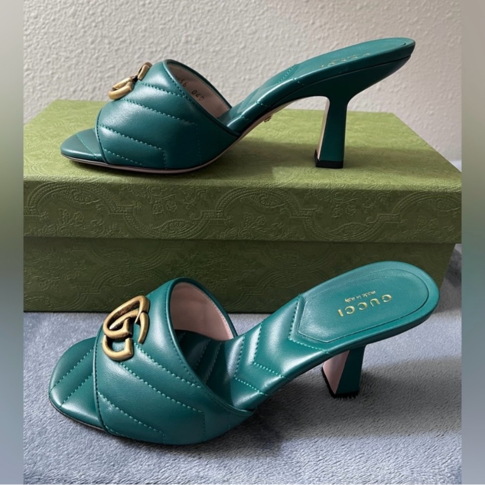 Brand New Gucci women’s GG Marmot Matelasse Heels Green leather size 35,5 - Picture 6 of 8